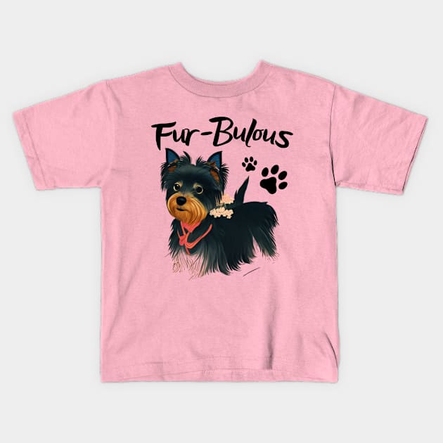 Adorable Black Yorkie Puppy Fur Babies Fabulous Kids T-Shirt by Mochabonk